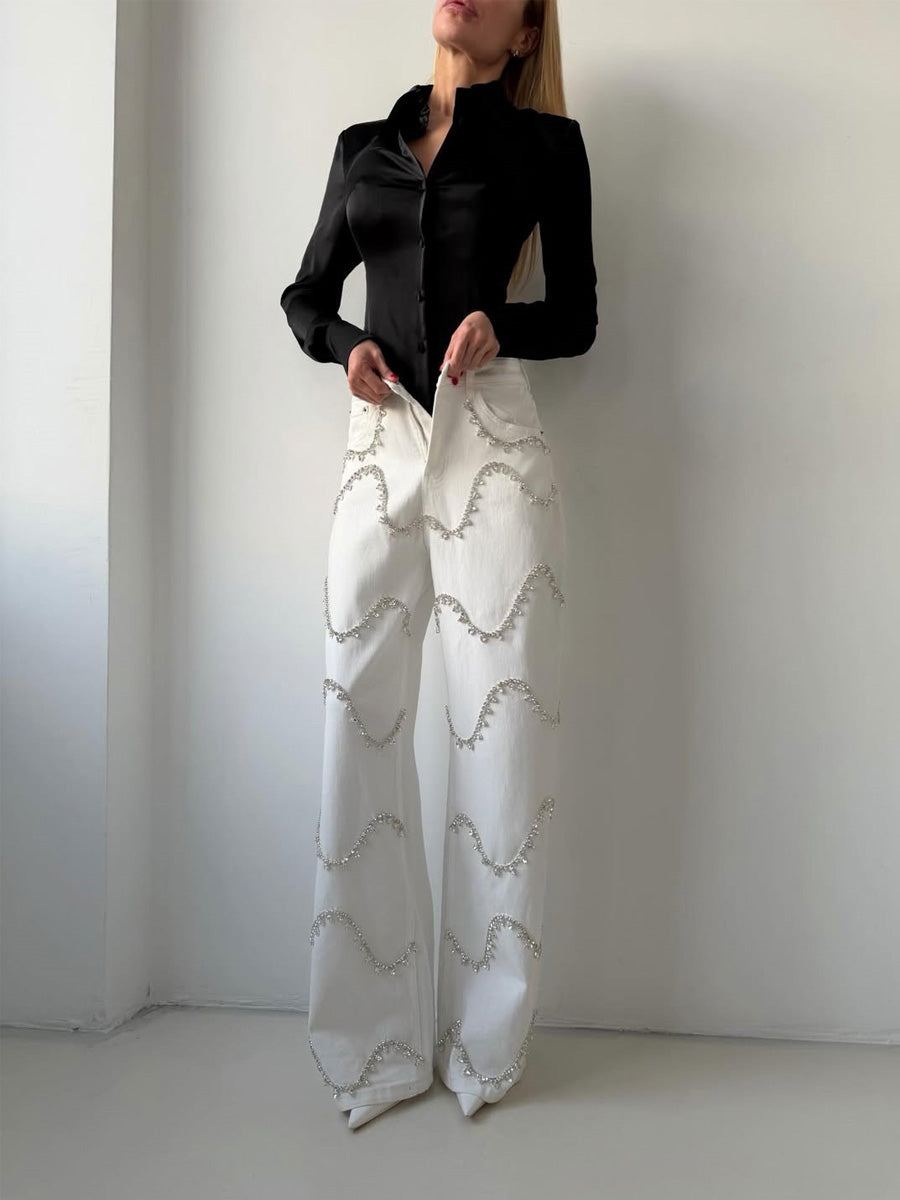 Lucienne Curved Rhinestone-Paneled Jeans