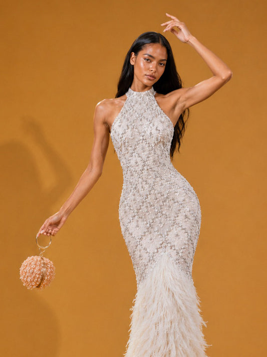 Isolde Elegant Rhinestone & Feather-Hem Maxi Dress In White