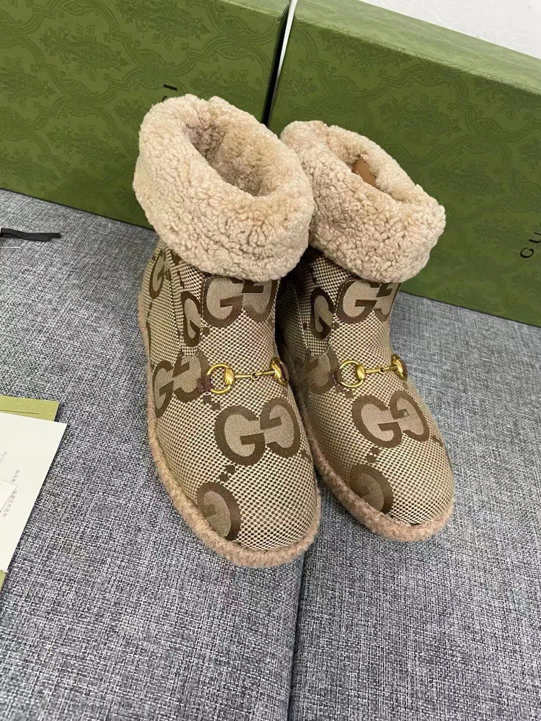 GG Horsebit Snow Boots Beige Woolen Fabric Fleece 576253