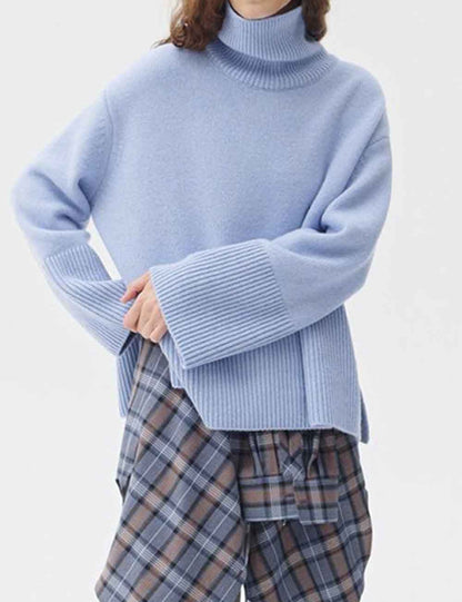 Fall Solid Color Turtleneck Side Slit Sweater