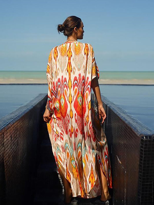 Retro Printed Bat Sleeve V-Neck Holiday Bohemian Loose Dress