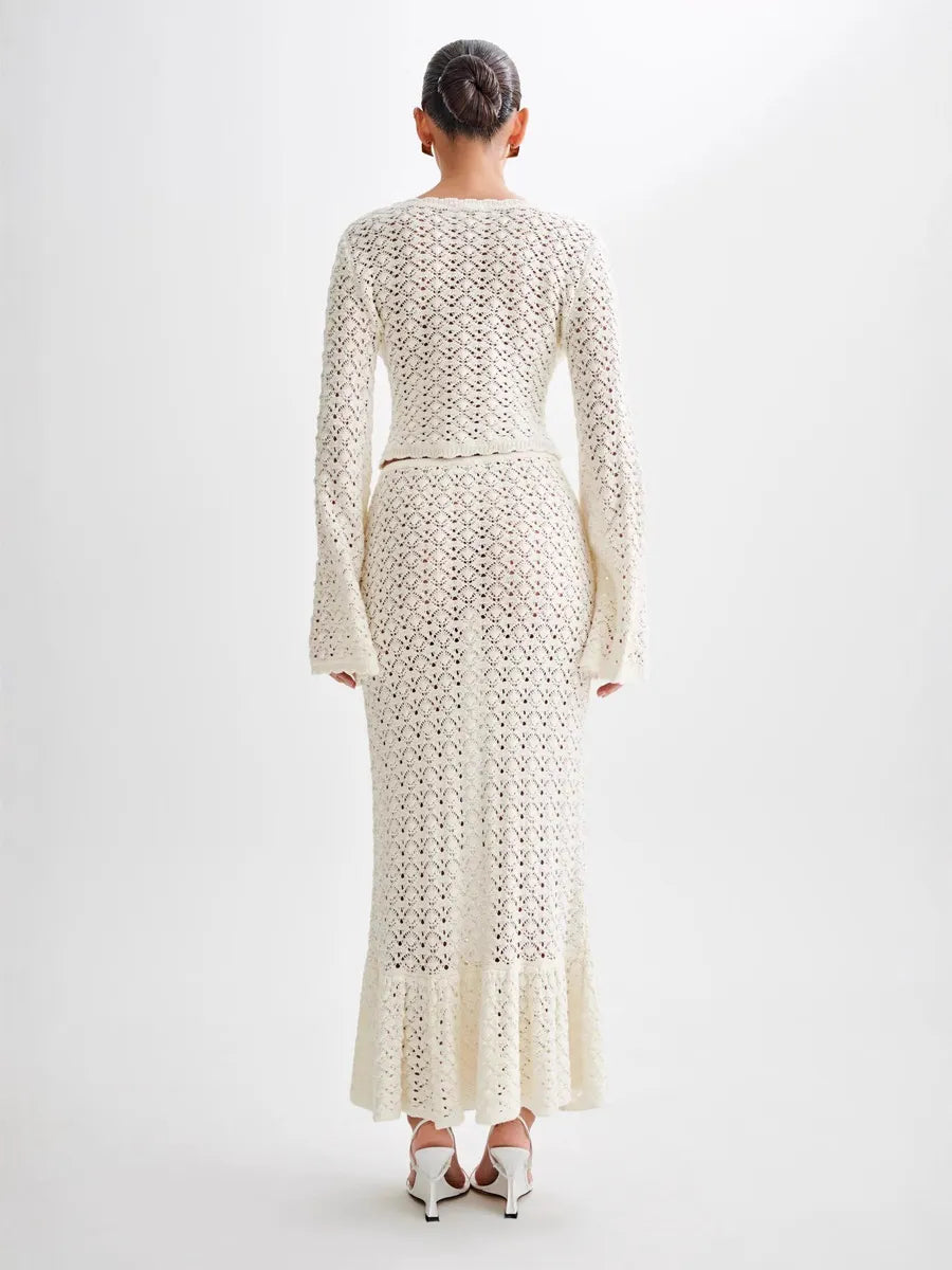 Oceane Resort Style Long-Sleeved Knitted Openwork Two-Piece Set