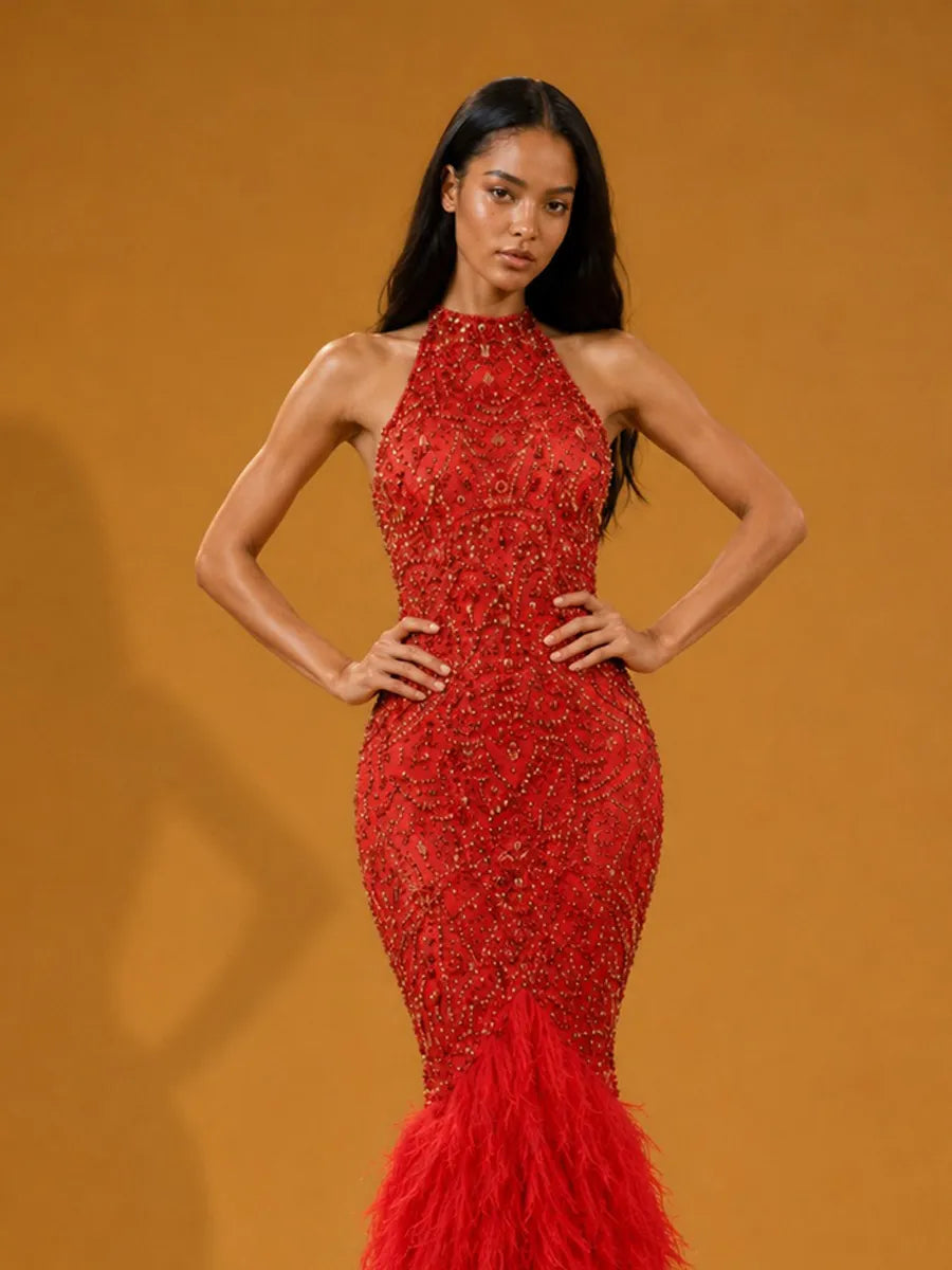 Isolde Elegant Rhinestone & Feather-Hem Maxi Dress In Red
