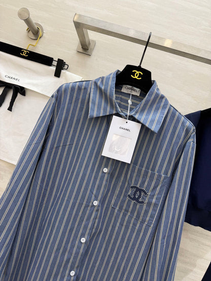 CC Striped Shirt & Knitted Shawl Blue White Cotton 344723