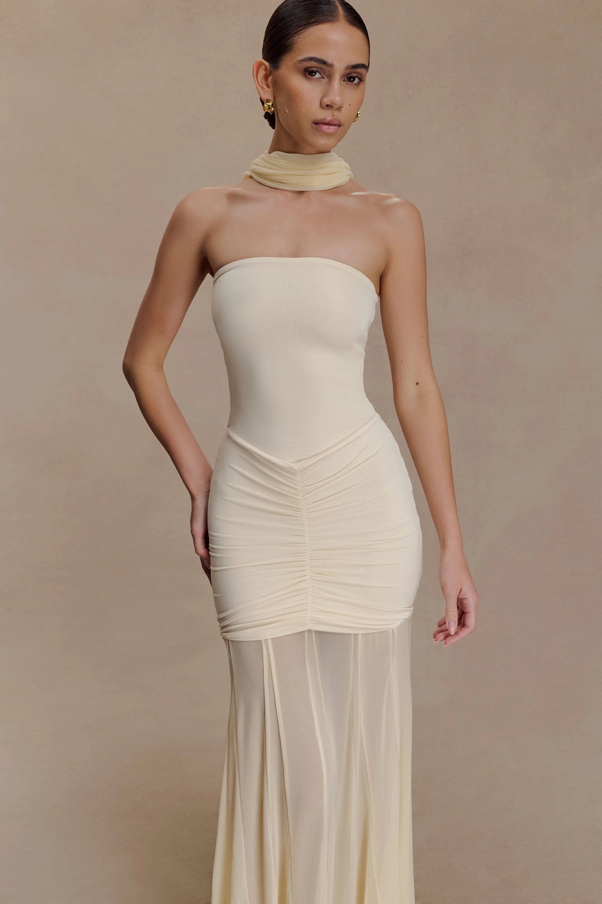 Caspian Slinky And Mesh Off Shoulder Maxi Dress - Ivory