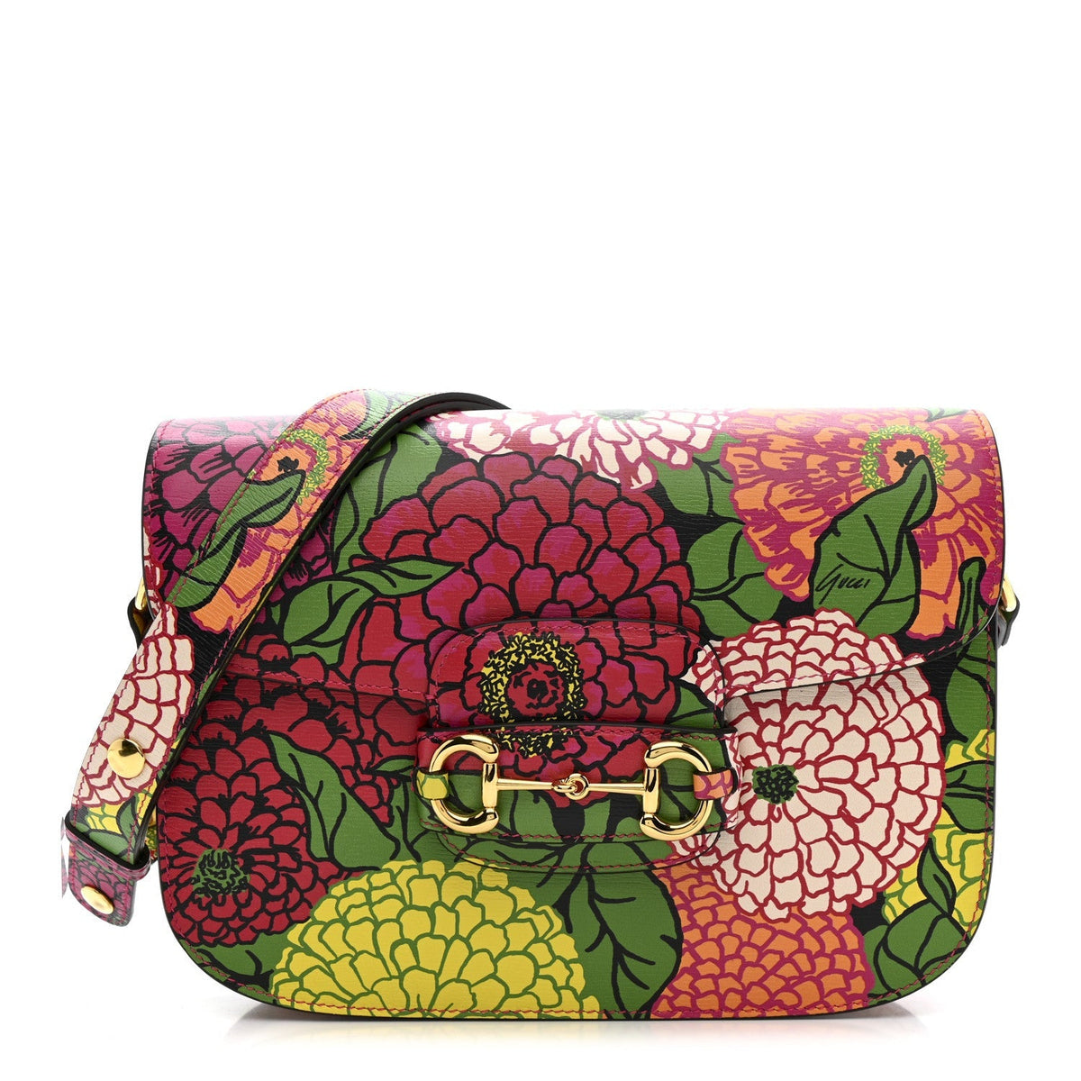 X KEN SCOTT New Shangai Calfskin Pomponica Print Horsebit 1955 Shoulder Bag Multicolor Fuxia Pompon