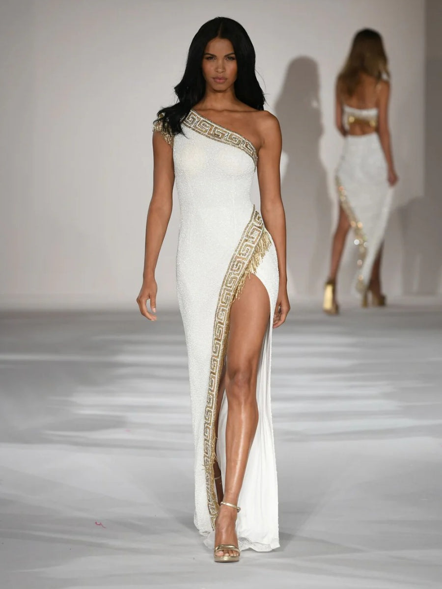 Seraphina One-Shoulder Greek Key Beaded Maxi Dress