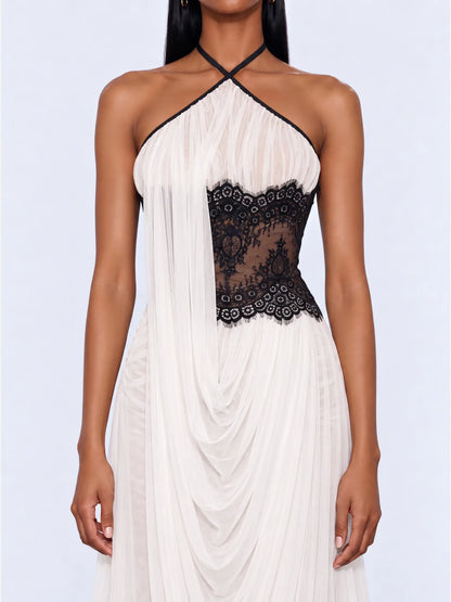 Luna Lace-Panel Chiffon Maxi Dress