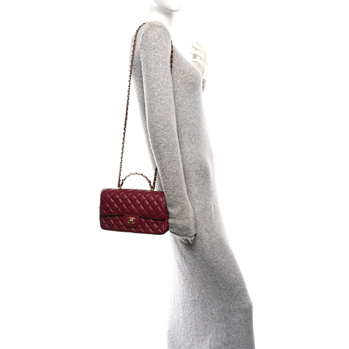 Lambskin Quilted Medium Metal Top Handle Rectangular Flap Burgundy