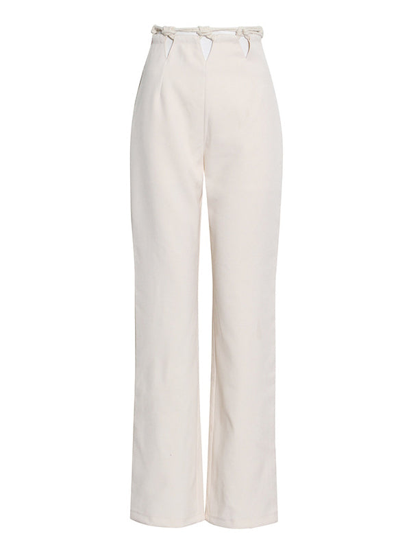 Stylish Weave Hollow Waisted Solid Color Wide Leg Pants