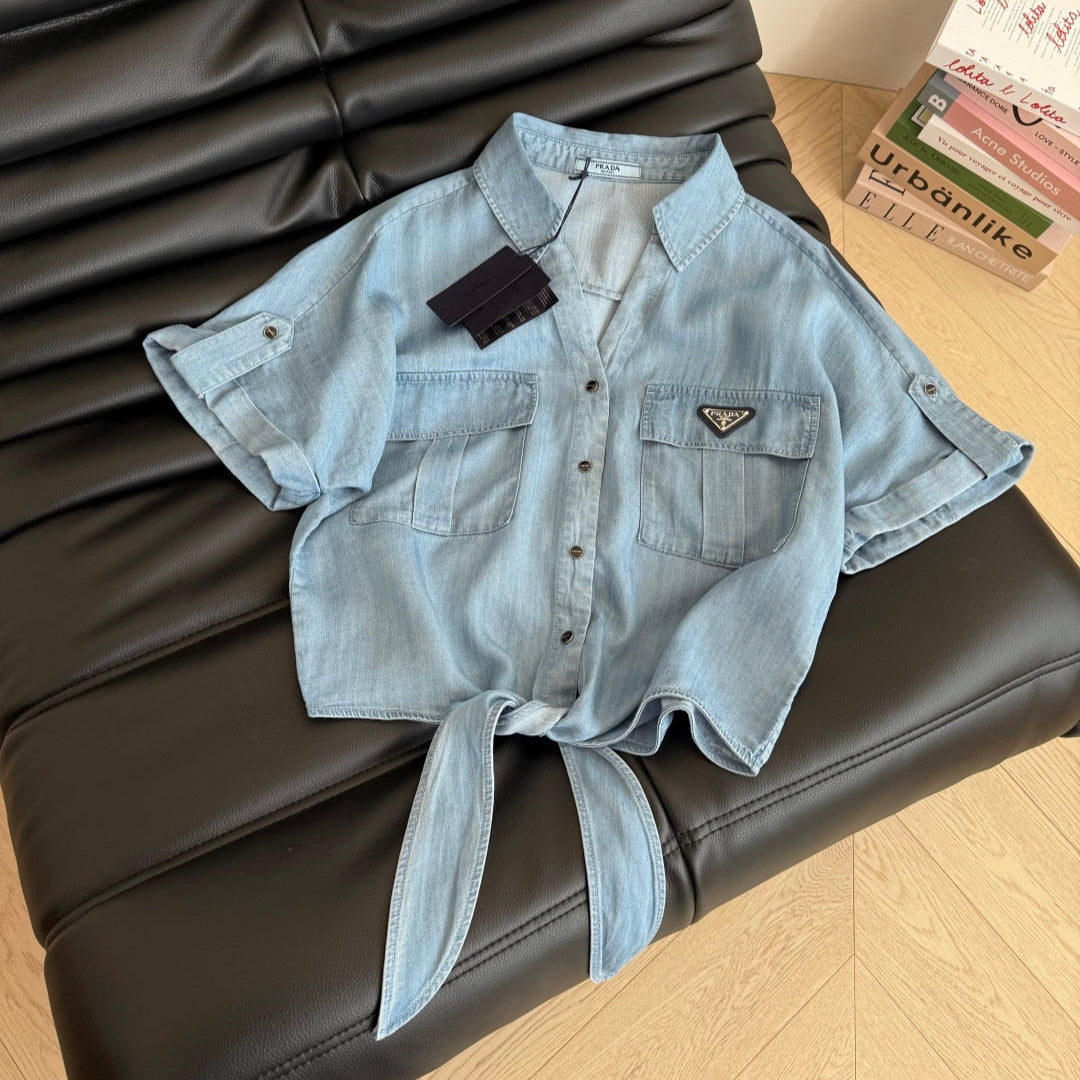 Prada Denim Bow Tie Shirt Light Blue Cotton