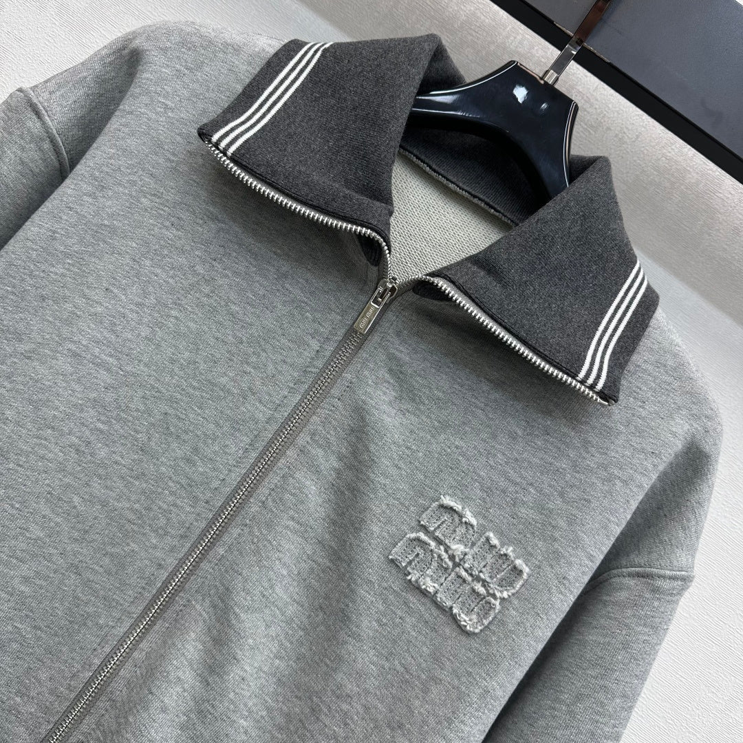 Miu Miu Fleece Jacket Zippered Grey Cotton 341877