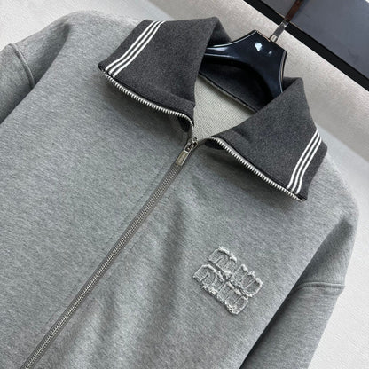 Miu Miu Fleece Jacket Zippered Grey Cotton 341877