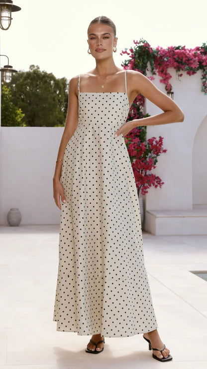 Nicole Spaghetti_Strap Maxi Dress - Beige/Black Polka Dot