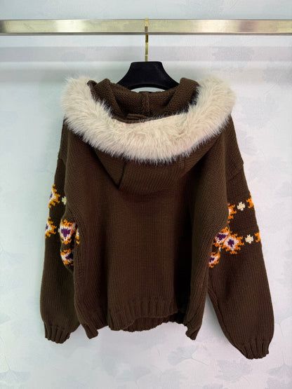 Miu 26s Isle Hooded Sweater Brown Wool 345074