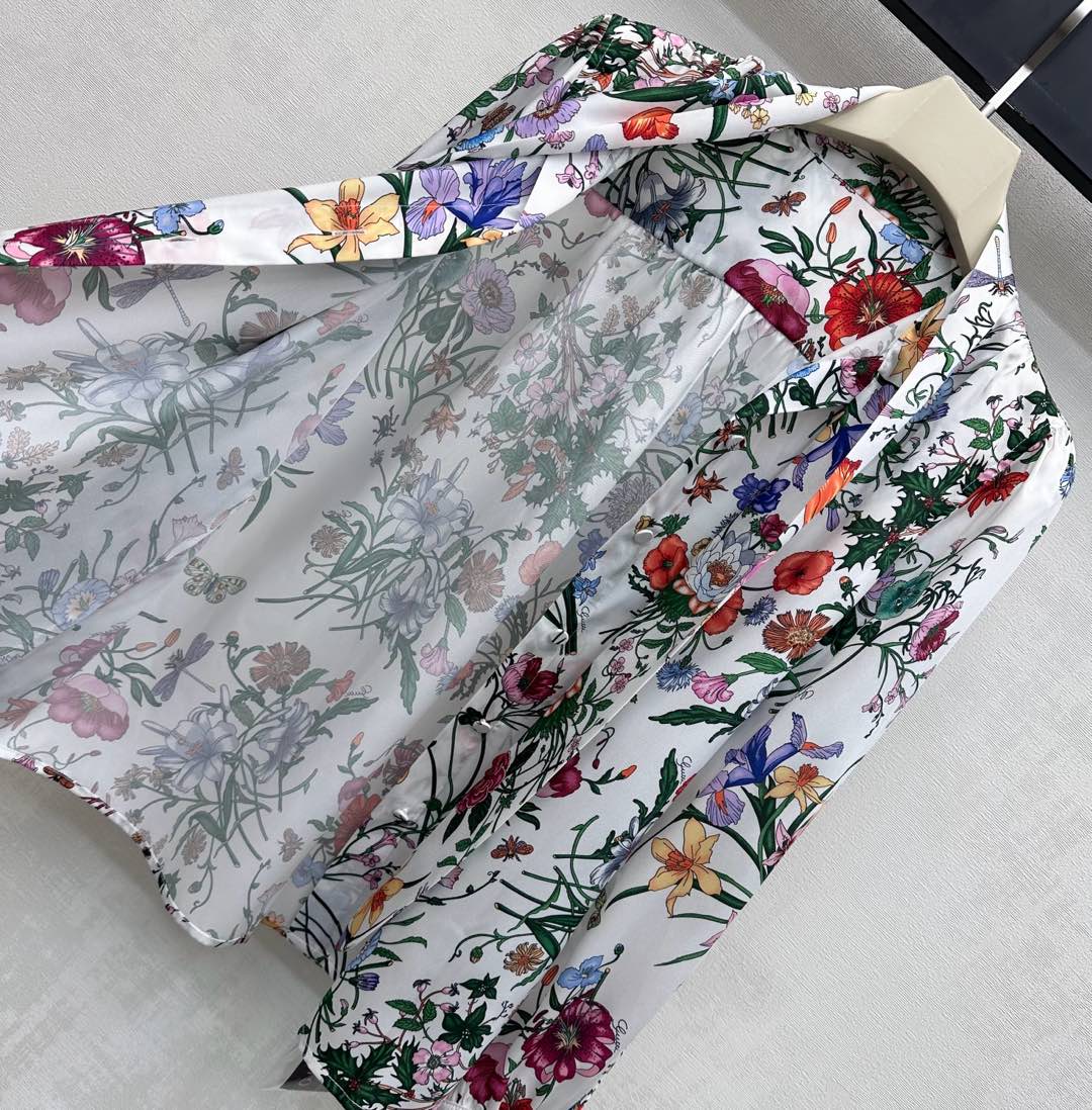 GG SS26 Flora Printed Collared Shirt White Multicolor Silk 351788