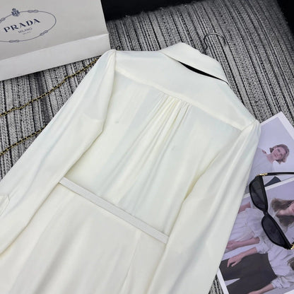 PRADA 25S LONG-SLEEVE COLLARED PLEATED DRESS 360