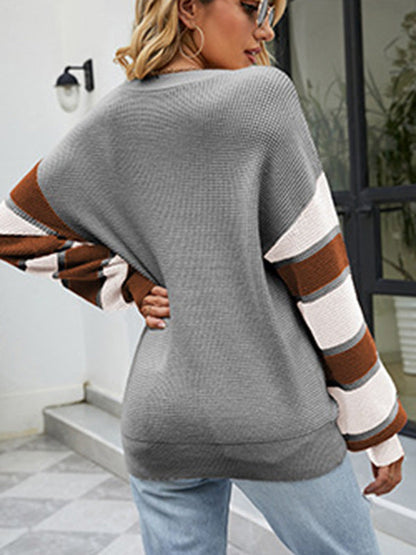 Casual Puff Sleeves Loose Striped V-Neck Sweater Tops