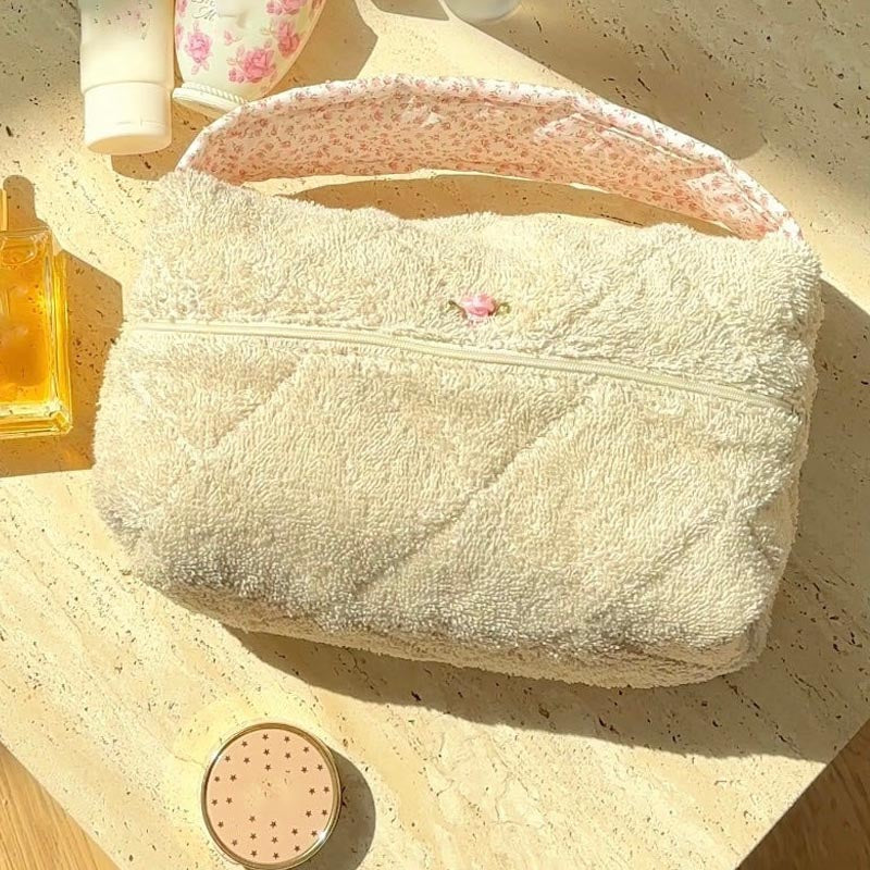 Soft Plush Cute Bow Print Cosmetic Bag
