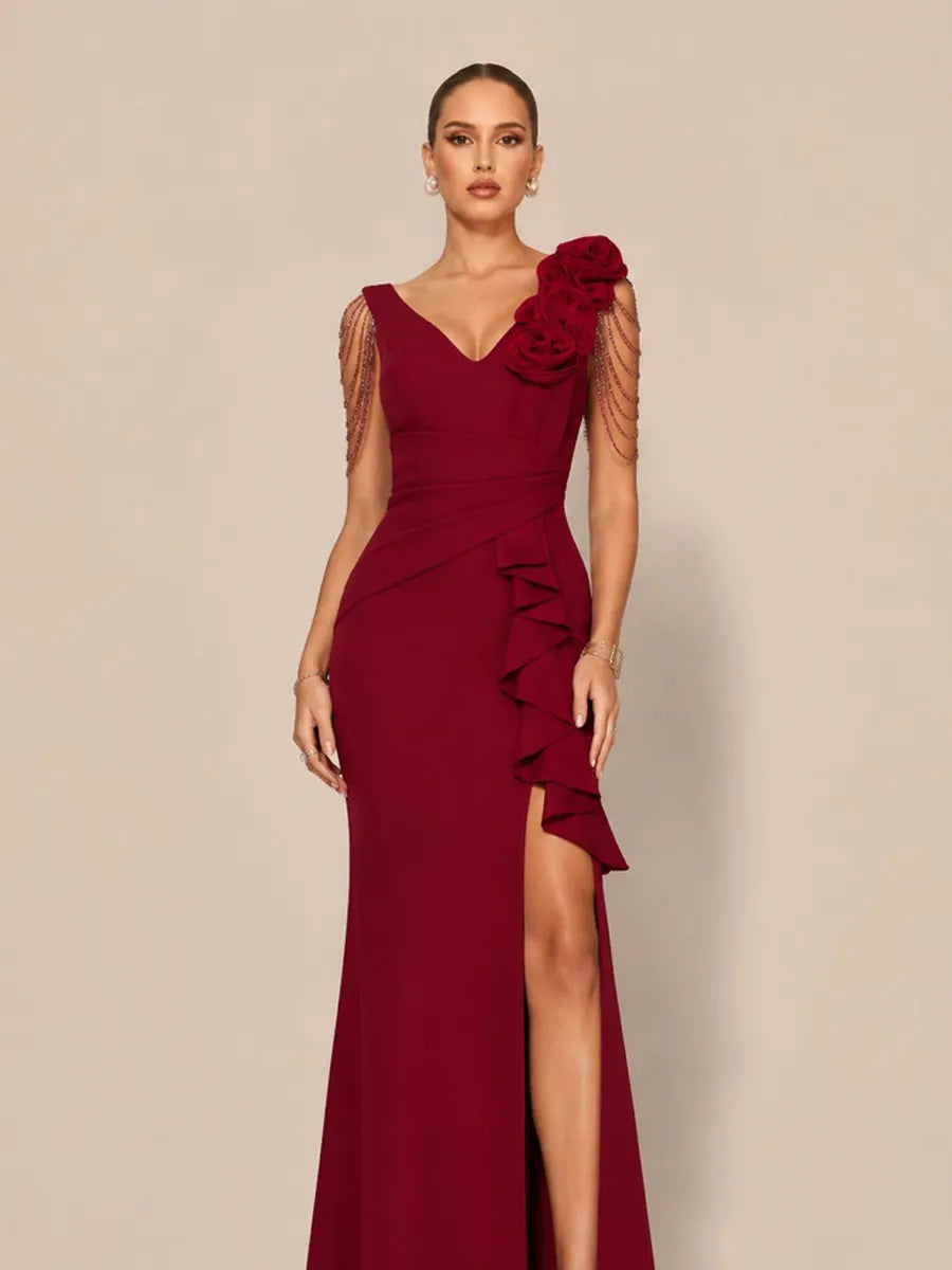 Arabelle Romantic Contour V Neck Pleated Floral Maxi Dress