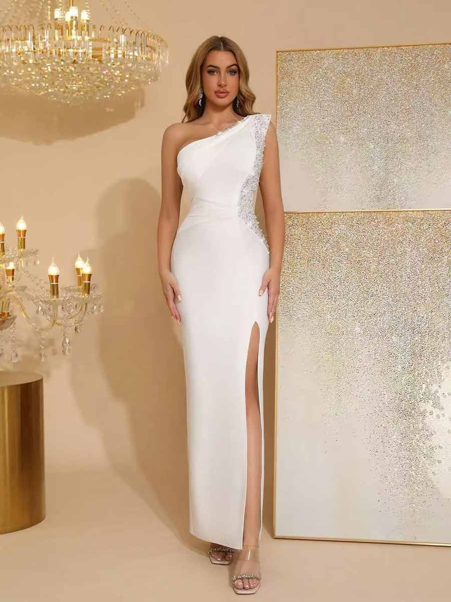 Gemma Slanted Shoulder High Slit Maxi Dress