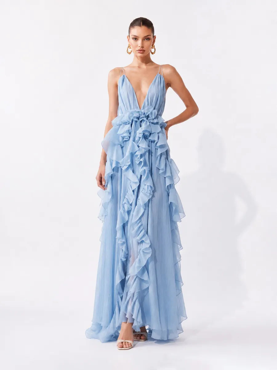 Stella Romantic Ruffled V-Neck Spaghetti Strap Maxi Dress