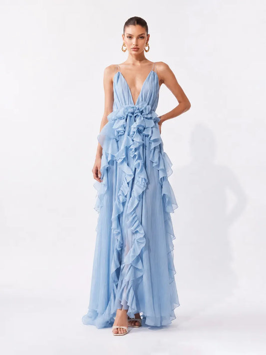 Stella Romantic Ruffled V-Neck Spaghetti Strap Maxi Dress