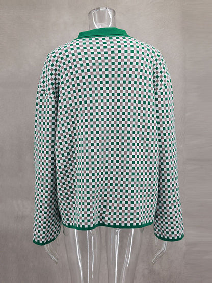 Long Sleeves Loose Plaid Split-Joint Lapel Cardigan Tops Sweater Tops