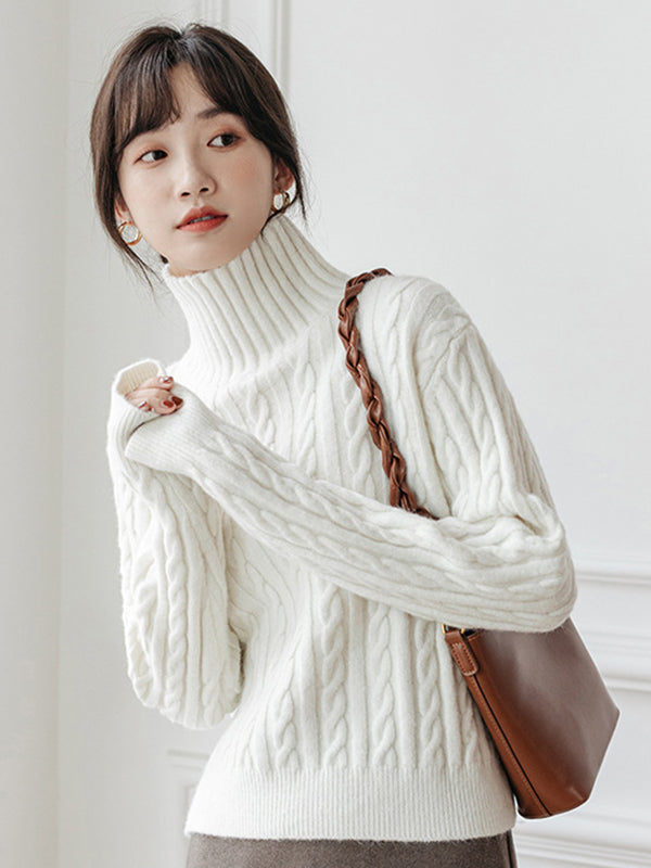 Casual Long Sleeves Loose Solid Color High-Neck Sweater Tops