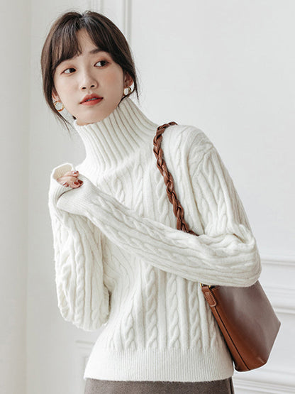 Casual Long Sleeves Loose Solid Color High-Neck Sweater Tops