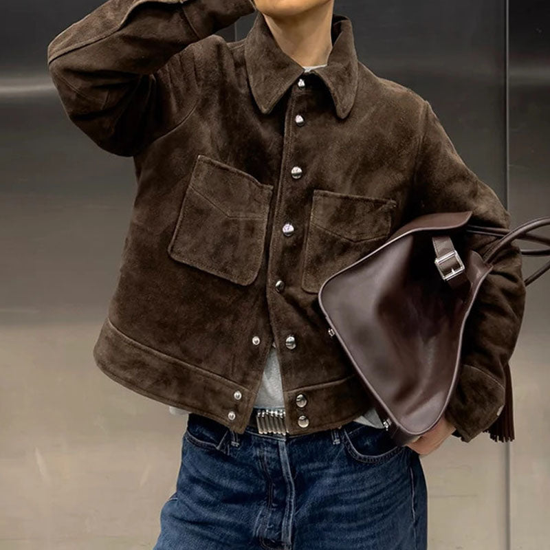 Casual Lapel Collar Suede Single Button Cropped Coat