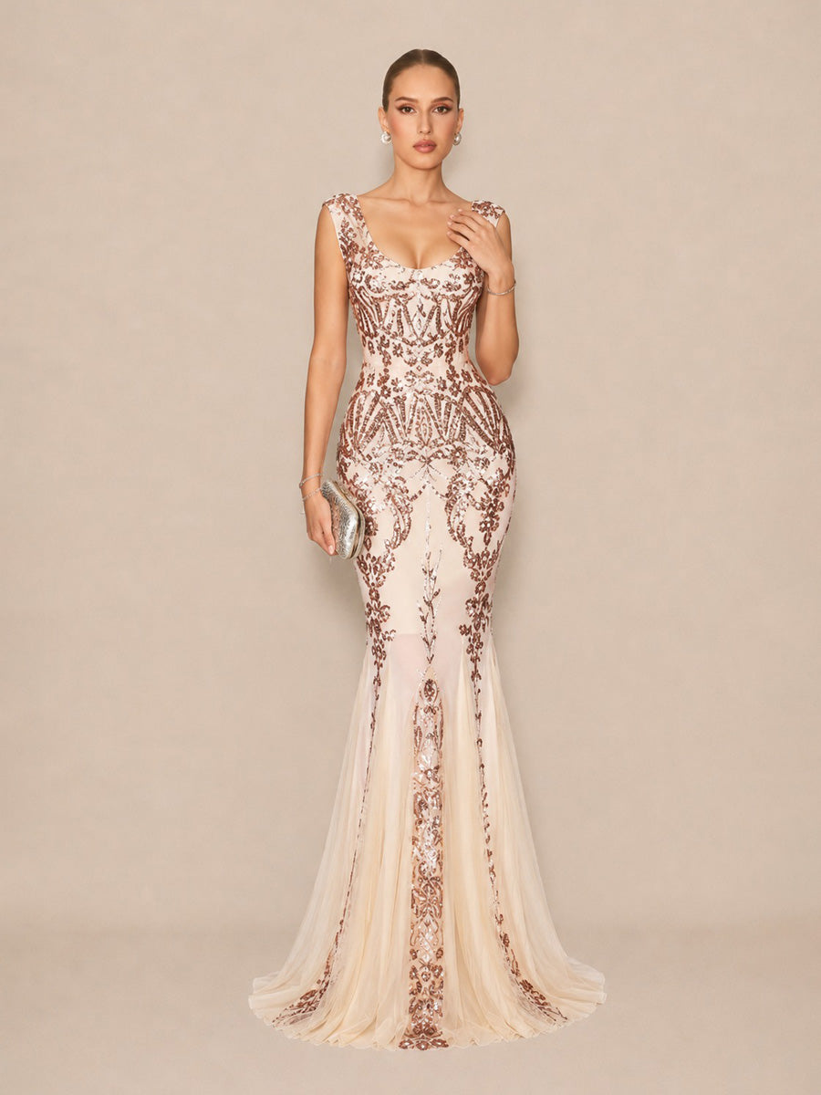 Alora Glamorous Contour V Neck Sequin Pattern Maxi Dress