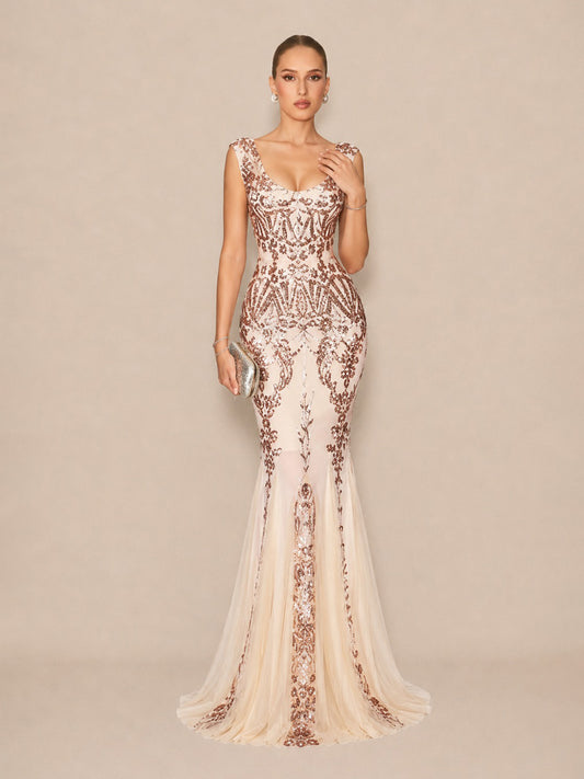 Alora Glamorous Contour V Neck Sequin Pattern Maxi Dress