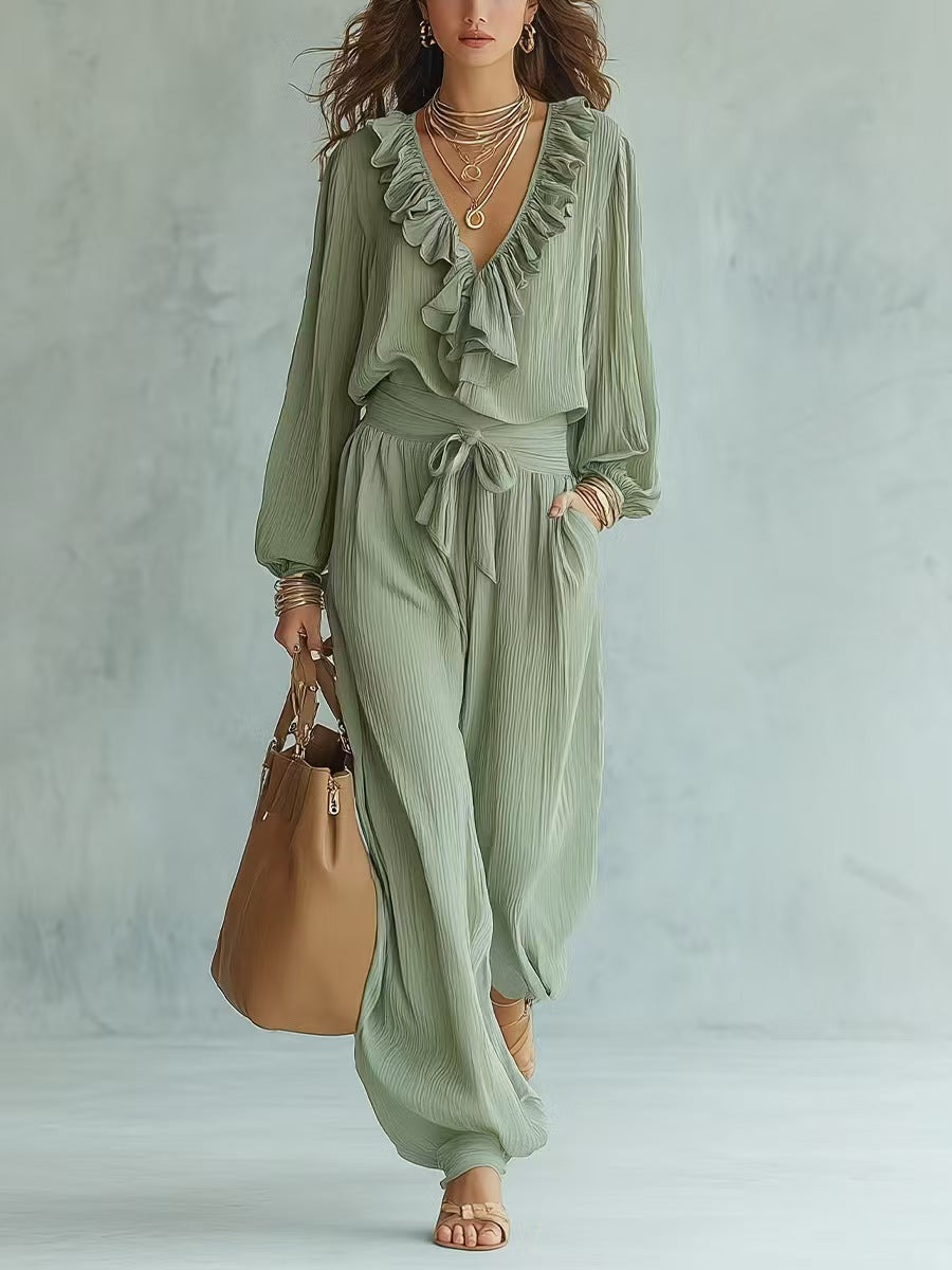 Ruffle V-Neck Long Sleeve Top & Tie Waist Wide Leg Pants Two Piece Set