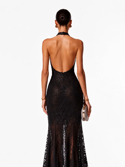 Paloma Luxurious Contour Halter Open Back Floral Sequin Midi Dress