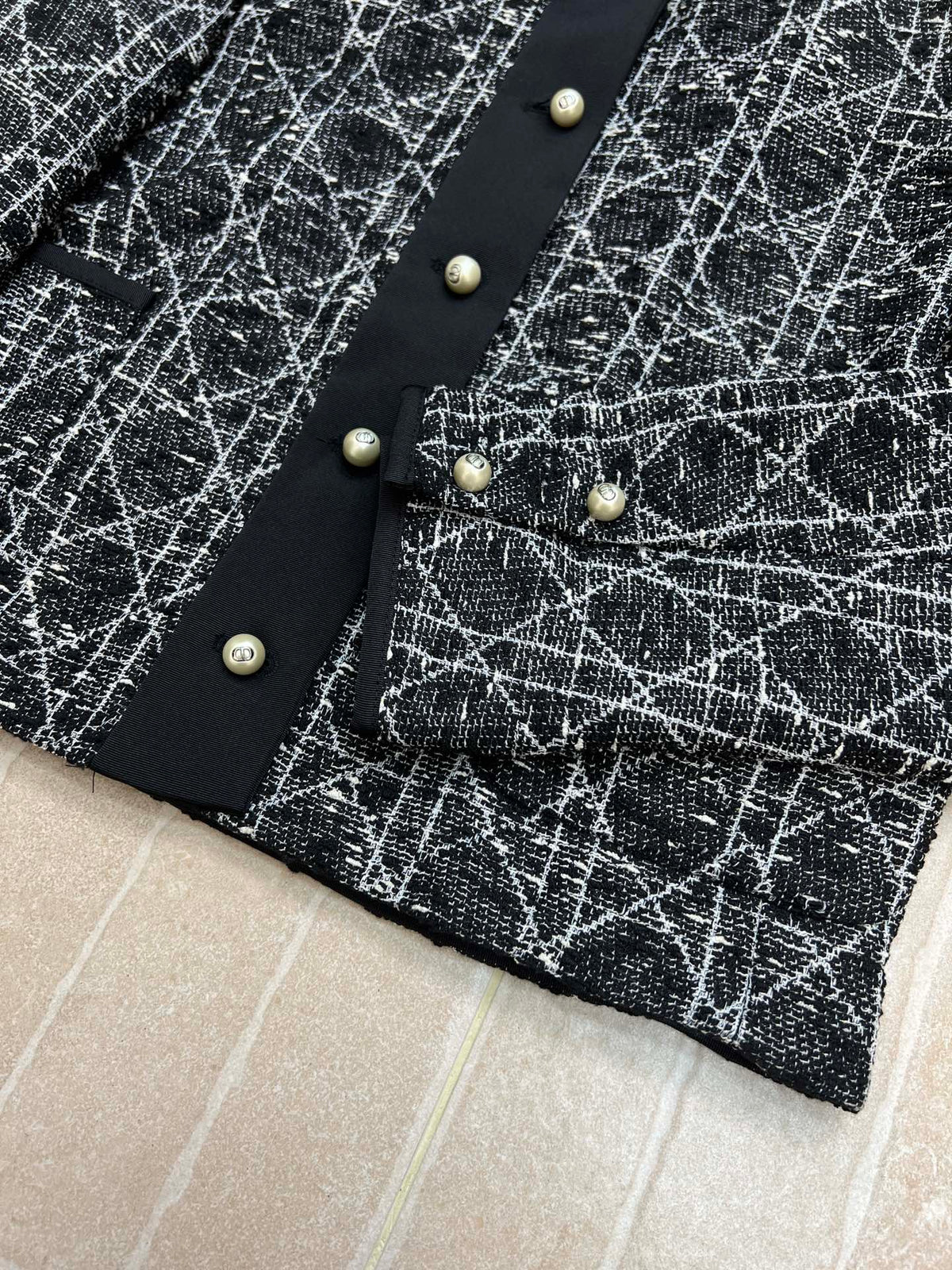 Dior 2025 Cannage Tweed Jacket with Pearl Buttons Black White Cotton