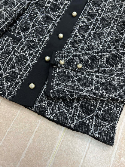 Dior 2025 Cannage Tweed Jacket with Pearl Buttons Black White Cotton