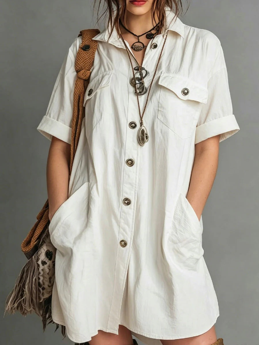 Oversized Short Sleeve Button Down Shirt Mini Dress with Pockets