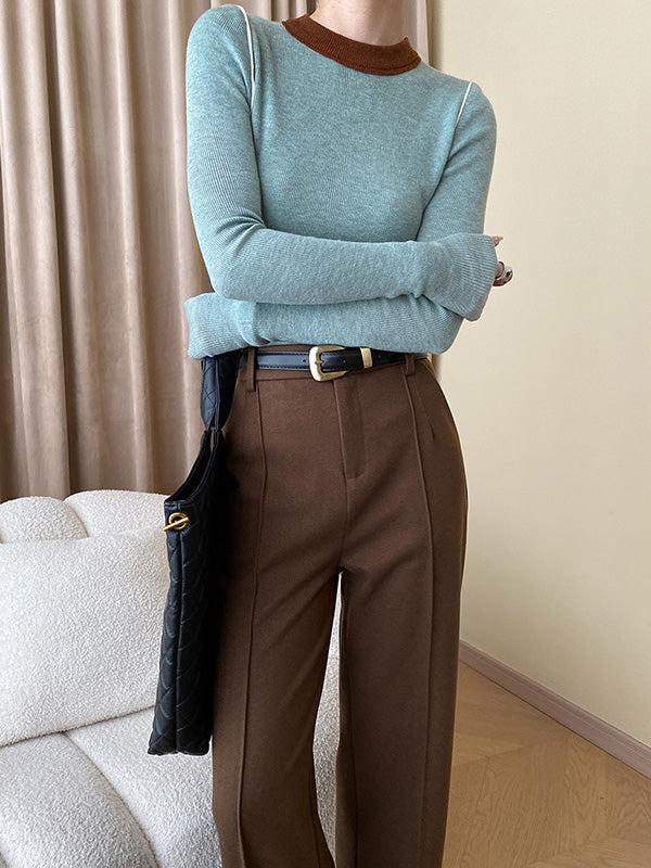 Long Sleeves Skinny Contrast Color Split-Joint Round-Neck Pullovers Sweater Tops