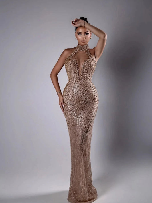 Halter Crystal Sequin Maxi Dress