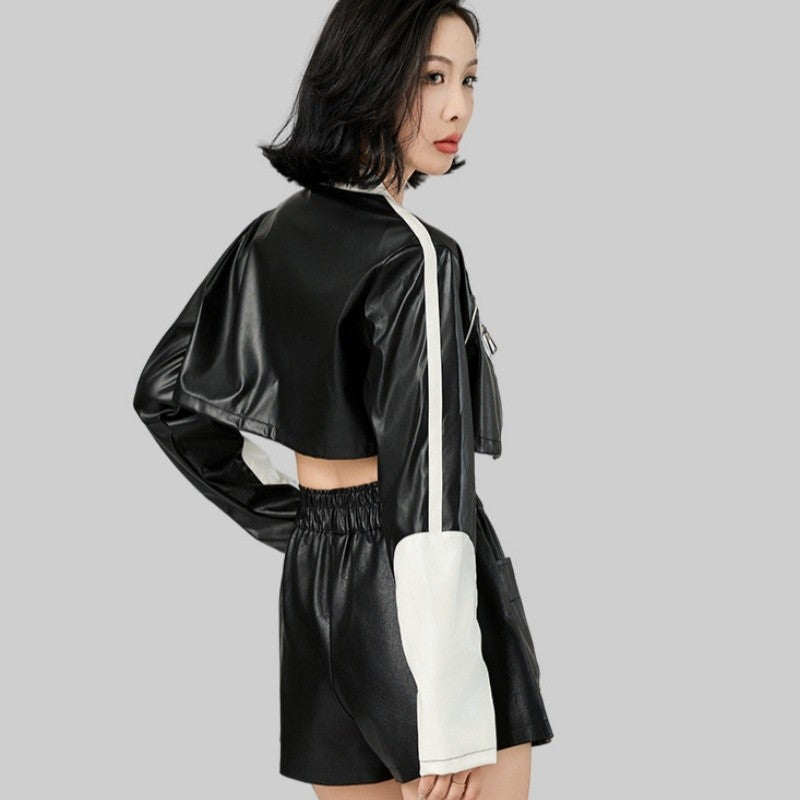 Short Color Block Motorcycle Jacket