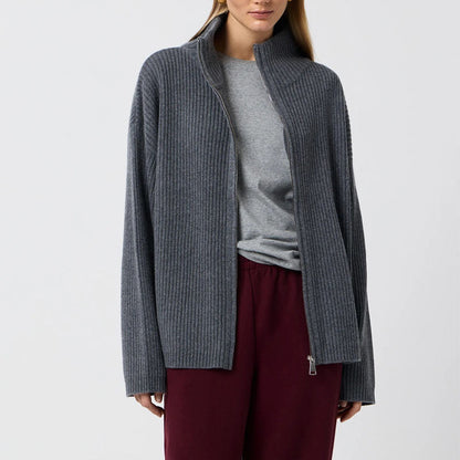 Simple Ribbed Knit Mock Neck Zip Up Cardigan