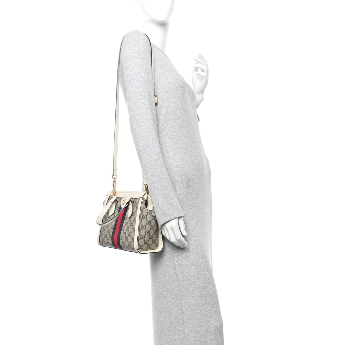GG Supreme Monogram Textured Dollar Calfskin Web Small Ophidia Tote Bag Beige Ebony Mystic White