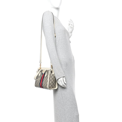 GG Supreme Monogram Textured Dollar Calfskin Web Small Ophidia Tote Bag Beige Ebony Mystic White