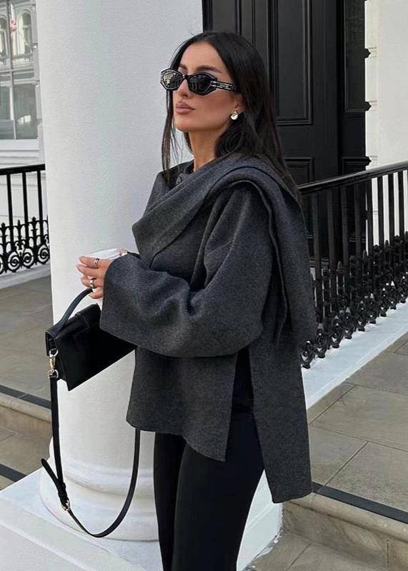 Knit Cardigan Coat With Asymmetric Scarf Design