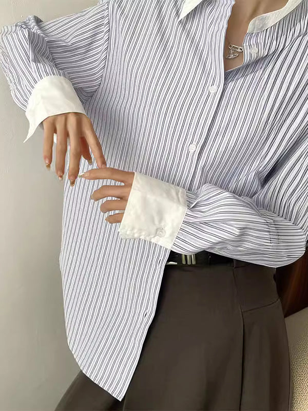Irregular Clipping Pleated Split-Joint Striped Lapel Blouses