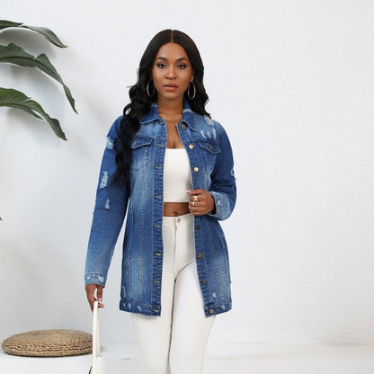 Long Denim Coat Cotton Classic Lapel Outerwear