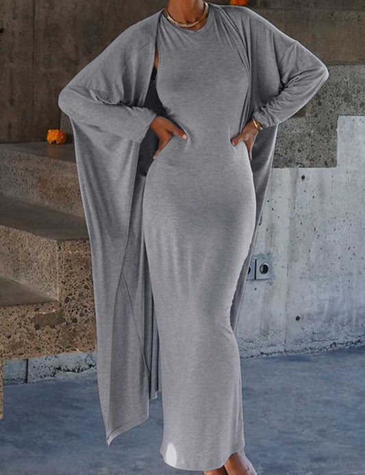 2 Pcs Casual Long Cardigan Tank Dress Set