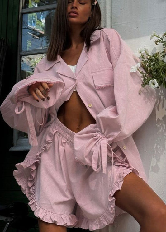 Cotton Ruffled Lounge Set With Oversized Shirt