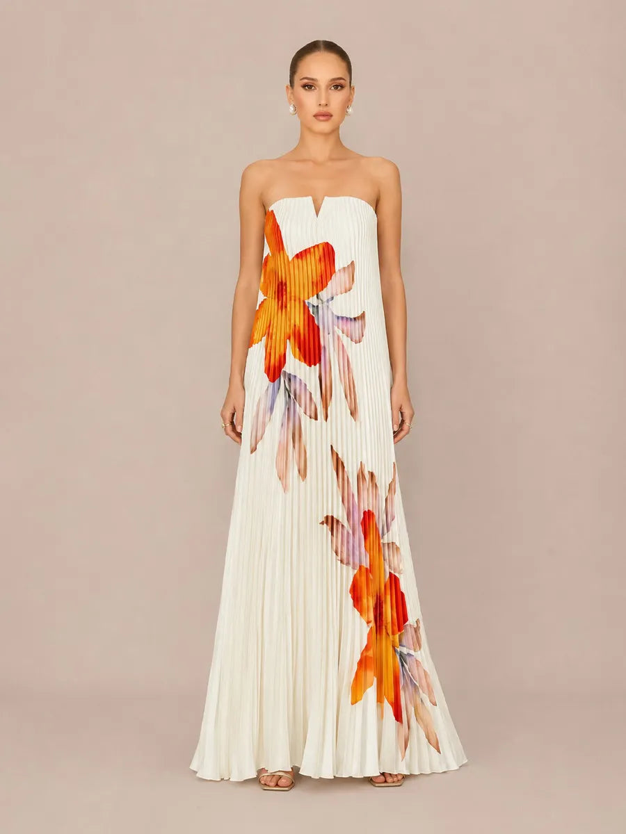Mariana Printed Strapless Loose Maxi Dress with Elaborate Pleating